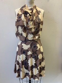 Womens, 1970s Vintage, Piece 1, Young Edwardian, Brown, Khaki Brown, Black, Gray, Polyester, Leaves/Vines , Reptile/Snakeskin, B32, Halter Top, Neck Tie, Open Back, Loose Top and Fitted From Waist Down, Back Zipper,