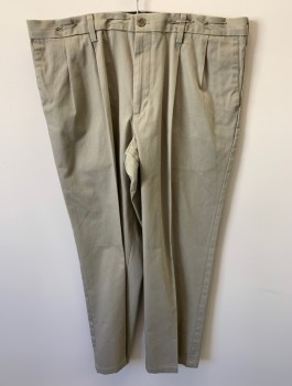DOCKERS, Dk Khaki Brn, Cotton, Elastane, Solid, Zip Front, Button Closure, Pleated Front, 4 Pockets, Creased