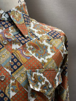 Mens, Western Shirt, LEE, Faded Red, Gold, Multi-color, Polyester, Paisley/Swirls, Geometric, 32, 14.5, C.A., Snap Front, L/S, 2 Pckts,