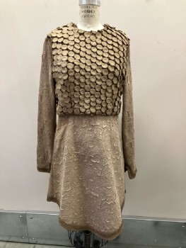 Womens, Sci-Fi/Fantasy Dress, MTO, Dusty Brown, Synthetic, Solid, Text, W:29, B:36, Patchwork Of Heavily Textured Sueded Fabric, Airbrushed Aged At Seams And Edges, CN, L/S, Back Zip, Cutaway Detail At Sleeve Cuffs, Lined