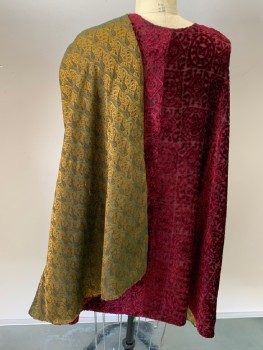 Womens, Historical Fiction Cape, NL, Red Burgundy, Gold, Pumpkin Spice Orange, Moss Green, Silk, Polyester, Medallion Pattern, Paisley/Swirls, OS, Cut Velvet Outer Layer, Paisley Lining, Corded Tassel with Gold Knot, Hook Closure