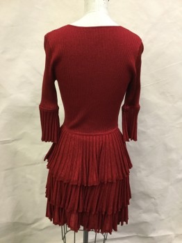 Womens, Dress, Long & 3/4 Sleeve, N/L, Red, Red Burgundy, Synthetic, Heathered, S, Sweater Knit, Ribbed Bodice with Deep V-neck, 1/2 Sleeves with Long Ruffle, Full Tiered Ruffle Skirt