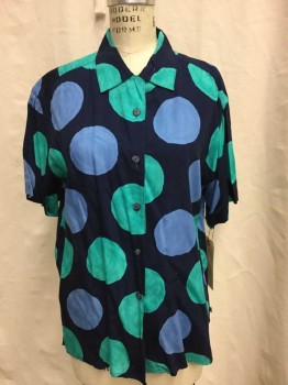 ESPIRIT, Black, Teal Green, Baby Blue, Rayon, Geometric, Black W/teal Green & Baby Blue Large Circle Print, Collar Attached, Button Front, Short Sleeve