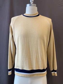 Mens, Sweatshirt, JOCKEY, Tan Brown, Navy Blue, White, Cotton, Stripes, Solid, C 38, M, Tan with Navy/white Stripe Trim, Crew Neck, (small Red Stain in Back)