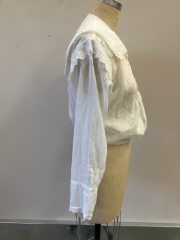 MTO, Off White, Cotton, Solid, Lightweight Cotton Batiste, Long Sleeve Button Front, Wide Square Sailor Collar with Lace Trim, Floral Embroidered Detail and Rectangular Threadwork Panels At Front, Elastic Waist, Has Had Repairs And Appliques At Shoulders And Reinforced Left Cuff