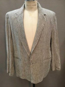 N/L, Ecru, Black, Linen, Cotton, 2 Color Weave, Single Breasted, Notched Lapel, 1 Button, Low Front Opening, 2 Welt Pockets, 2 Pleats In Back