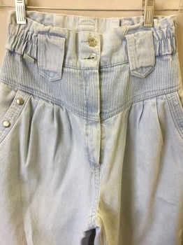 FWUDAH/UNITED STATE, Lt Blue, Denim Blue, Cotton, Spandex, Solid, Light Blue Denim, High Waist, Tapered Leg, Elastic Waist, Vertical Ribbed Panel at Hips and Trim on Back Pockets, Pleated at Waist Below Ribbed Yoke, Silver Studs at Side Pockets, Oversized Belt Loops, **Silver Studs Missing From Right Pocket, One of the Buttons at Waist Has Been Replaced