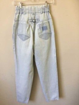 Womens, Jeans, FWUDAH/UNITED STATE, Lt Blue, Denim Blue, Cotton, Spandex, Solid, W24-26, Light Blue Denim, High Waist, Tapered Leg, Elastic Waist, Vertical Ribbed Panel at Hips and Trim on Back Pockets, Pleated at Waist Below Ribbed Yoke, Silver Studs at Side Pockets, Oversized Belt Loops, **Silver Studs Missing From Right Pocket, One of the Buttons at Waist Has Been Replaced