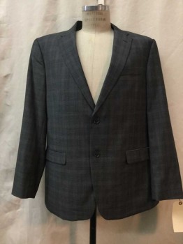 Mens, Suit, Jacket, TOMMY HILFIGER, Heather Gray, Gray, Wool, Heathered, Plaid-  Windowpane, 43R, Heather Gray, Gray Window Pane, Notched Lapel, 2 Buttons,  3 Faux Pockets