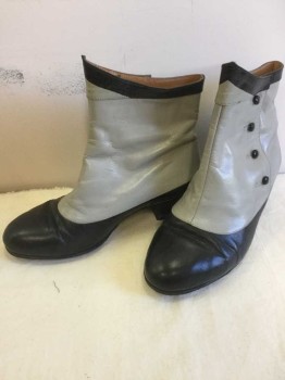 N/L, Black, Gray, Leather, Color Blocking, Solid, Black Toe, Heel and Leg Opening, Gray Middle Panel, Round Toe, Black Button Closures At Side, 1.5" Heel, Reproduction