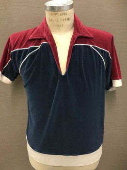 Mens, Polo Shirt, SATURDAYS IN CALIFOR, Red Burgundy, Navy Blue, White, Cotton, Plastic, Color Blocking, Solid, S, Velour, W/White Piping, Short Sleeve,  Collar Attached,  White Rib Knit, Cuffs + Waistband,