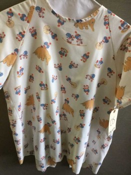 Unisex, Child, Patient Gown, White, Tan Brown, Blue, Red, Cotton, Graphic, Ns, Short Sleeve,  ELEPHANTS & CLOWNS GRAPHIC, Lacing/Ties UP BACK, See Photo Attached,