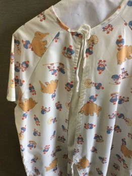 Unisex, Child, Patient Gown, White, Tan Brown, Blue, Red, Cotton, Graphic, Ns, Short Sleeve,  ELEPHANTS & CLOWNS GRAPHIC, Lacing/Ties UP BACK, See Photo Attached,