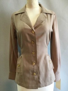 Womens, Blouse, MTO, Khaki Brown, Polyester, Solid,  b 36, Safari Look, Long Sleeves, Notched Lapel, Tie Back Waist, Button Cuffs, 2 Pockets, Pleats At Back Waist