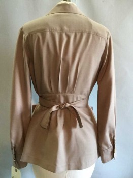 Womens, Blouse, MTO, Khaki Brown, Polyester, Solid,  b 36, Safari Look, Long Sleeves, Notched Lapel, Tie Back Waist, Button Cuffs, 2 Pockets, Pleats At Back Waist