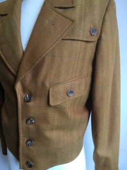 Mens, Jacket, MTO, Goldenrod Yellow, Burnt Orange, Green, Wool, Plaid-  Windowpane, Herringbone, 36, Made To Order, Single Breasted, Wide Lapels, 1 Angled Pocket, 2 Gun Patches at Shoulder or Storm Flaps, Sporty Top Stitching at Waist, Italian Style, Multiples