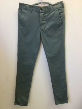TOP MAN, Sage Green, Cotton, Lycra, Solid, Skinny Fit. Jean Cut. Button Fly , 4 Pockets,