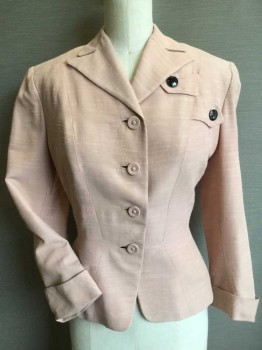 Womens, 1950s Vintage, Suit, Jacket, GRIFFITHS/GILBERT, Rose Pink, Viscose, Cotton, Heathered, W 24, B 34, 4 Covered Button Center Front, Peaked Lapel. Fitted at Waist, 3/4 Sleeves with Cuff. Novelty Black Buttons and Tabs at Left Chest. (lining Needs to Be Restitched at Hemline Back. Sun Damage to Left Shoulder.