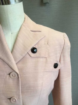 Womens, 1950s Vintage, Suit, Jacket, GRIFFITHS/GILBERT, Rose Pink, Viscose, Cotton, Heathered, W 24, B 34, 4 Covered Button Center Front, Peaked Lapel. Fitted at Waist, 3/4 Sleeves with Cuff. Novelty Black Buttons and Tabs at Left Chest. (lining Needs to Be Restitched at Hemline Back. Sun Damage to Left Shoulder.