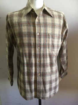 PENDLETON, Tan Brown, Gray, Orange, Wool, Plaid, Flannel, Button Front, Long Sleeves, Collar Attached, 1 Pocket