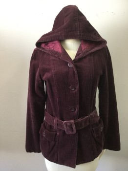 Womens, Jacket, N/L, Red Burgundy, Cotton, Solid, B: 38, M, Corduroy, B.F., Hood Attached, 2 Pckts, Self Belt Attached, Belt Loops, Vertical Button Tab at Sleeve Hem