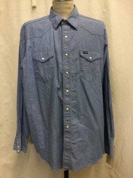 WRANGLER, Blue, Cotton, Heathered, Heather Navy, Snap Front, Collar Attached, 2 Flap Pockets, Long Sleeves,