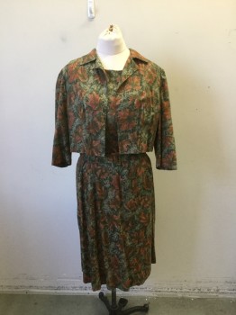 N/L, Olive Green, Rust Orange, Poly/Cotton, Novelty Pattern, Fall Leaf Print Pattern, Jewel Neck Short Sleeves, Panelled Skirt, Zipper at Center Back, with Matching Self Belt