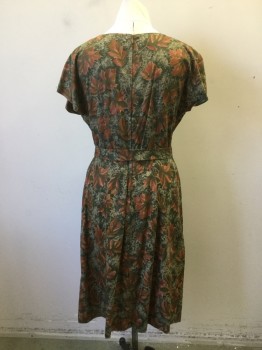 N/L, Olive Green, Rust Orange, Poly/Cotton, Novelty Pattern, Fall Leaf Print Pattern, Jewel Neck Short Sleeves, Panelled Skirt, Zipper at Center Back, with Matching Self Belt