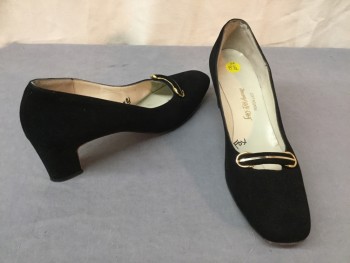 Womens, Shoe, SAKS FITH AVENUE, Black, Gold, Suede, Metallic/Metal, Solid, 8.5, Rounded Square Toe with Nice Gold Hardware Loafer Detail, Covered Medium Heel