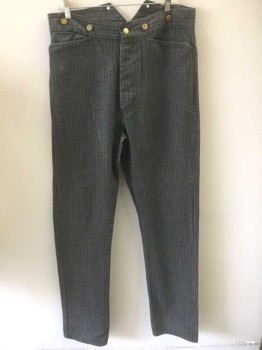 N/L, Gray, Navy Blue, Cotton, Stripes - Pin, Brownish Gray Dotted Weave Twill with Navy Pinstripes, Button Fly, Gold Metal Suspender Buttons at Outside Waist, 4 Pockets (Including 1 Watch Pocket and 1 Welt Pocket in Back), Reproduction "Old West" Wear,