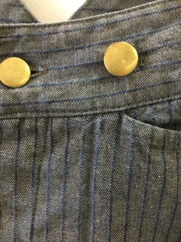 N/L, Gray, Navy Blue, Cotton, Stripes - Pin, Brownish Gray Dotted Weave Twill with Navy Pinstripes, Button Fly, Gold Metal Suspender Buttons at Outside Waist, 4 Pockets (Including 1 Watch Pocket and 1 Welt Pocket in Back), Reproduction "Old West" Wear,