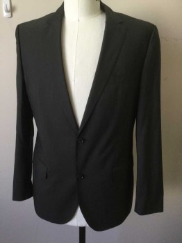 HUGO BOSS, Dk Gray, Wool, Birds Eye Weave, Single Breasted, Hand Picked Collar/Lapel, Collar Attached, Notched Lapel, 3 Pockets, 2 Buttons