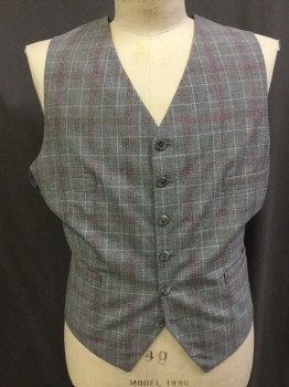 J.K., Gray, Cream, Cranberry Red, Wool, Cotton, Plaid, 6 Buttons, V-neck, 4 Pockets, Lining Back with Adjustable Waist Belt, 34 Waist Tailored for a Body Builder,