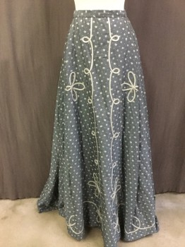 ERIC WINTERLING, Steel Blue, Silver, Cotton, Abstract , Floral, Flat in Front, Pleats at Sides and Back, Full Length, Silver Braid Applique, Hook & Eyes and Snap Close,