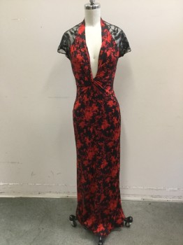 DVF, Black, Red, Polyester, Synthetic, Floral, Deep V. Neck, Halter in Jersey Knit of Black with Red Floral Print, Black Lace Short Sleeves, and Open Back