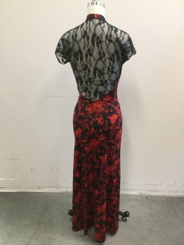 DVF, Black, Red, Polyester, Synthetic, Floral, Deep V. Neck, Halter in Jersey Knit of Black with Red Floral Print, Black Lace Short Sleeves, and Open Back