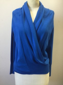 PREMISE STUDIO, Royal Blue, Rayon, Nylon, Solid, Shawl Collar, 3/4 Sleeve, Wrap Around Hem with 1 Button, Raglan Sleeve