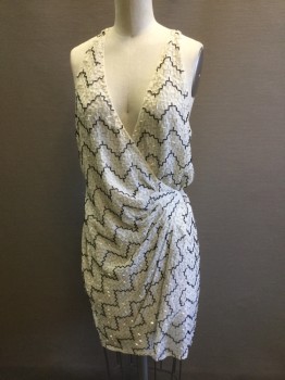 PARKER, White, Black, Silver, Synthetic, Beaded, Zig-Zag , 80'S Cocktail, , Cross Over V. Neck, Sleeveless, Draped Front. White Poly Chiffon with Black, Silver Zig Zag Bugle Beads