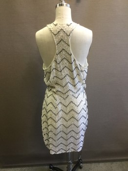 PARKER, White, Black, Silver, Synthetic, Beaded, Zig-Zag , 80'S Cocktail, , Cross Over V. Neck, Sleeveless, Draped Front. White Poly Chiffon with Black, Silver Zig Zag Bugle Beads