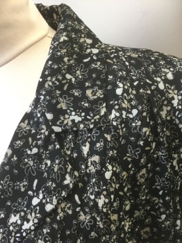 Womens, Blouse, DANNY & NICOLE, Black, Taupe, Off White, Polyester, Floral, 22W, Black with Taupe and Off White Floral Pattern Chiffon, Short Sleeve Button Front, Notched Collar, Shoulder Pads, Vertical Pleats at Hem,