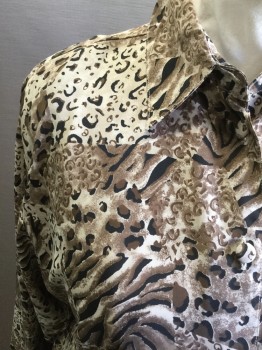 N/L, Brown, Taupe, Black, Polyester, Animal Print, Patchwork Animal Print, Button Front, Collar Attached, Long Sleeves, Shoulder Pads