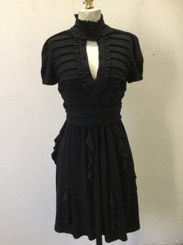 Womens, Dress, Short Sleeve, L.A.M.B., Black, Wool, Solid, W 30, B 32, Horizontal Tuck Pleat Front Top, Gored with Small Ruffles Attached in Seams, V-neck, with Ruffle Trim Placket, Collar Attached Button in Front, with Ruffle Trim, Self Belt Attached in Front and Wrapped Around