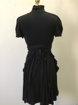 Womens, Dress, Short Sleeve, L.A.M.B., Black, Wool, Solid, W 30, B 32, Horizontal Tuck Pleat Front Top, Gored with Small Ruffles Attached in Seams, V-neck, with Ruffle Trim Placket, Collar Attached Button in Front, with Ruffle Trim, Self Belt Attached in Front and Wrapped Around