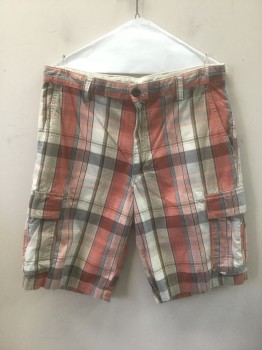 Mens, Shorts, DOCKERS, Peachy Pink, White, Navy Blue, Cotton, Plaid, W:32, Cargo Pockets at Sides, 6 Pockets Total,  Zip Fly, Belt Loops, 10.5" Inseam