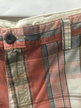 Mens, Shorts, DOCKERS, Peachy Pink, White, Navy Blue, Cotton, Plaid, W:32, Cargo Pockets at Sides, 6 Pockets Total,  Zip Fly, Belt Loops, 10.5" Inseam