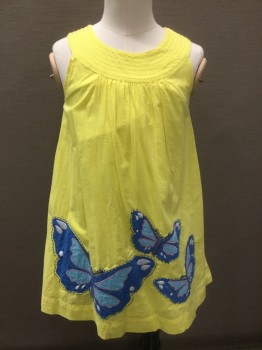 MINI BODEN, Lemon Yellow, Blue, Lt Blue, Paprika Red, Cotton, Novelty Pattern, Lemon Yellow with Multicolor Butterfly Appliques at Hem, Sleeveless, Round Neck,  Gathered at Neck