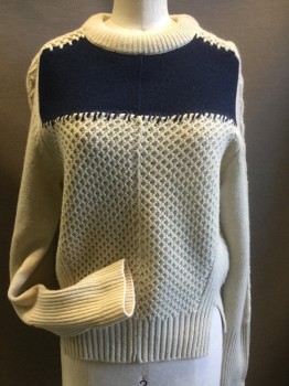 Womens, Pullover, ZADIG & VOLTAIRE, Oatmeal Brown, Navy Blue, Wool, Cashmere, Color Blocking, B36, Small, Long Sleeves, Honeycomb Body, Cable Knit Long Sleeves, Rib Knit Cuffs & Waistband, Has "ZV" on the Back Right Shoulder