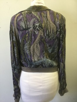 Womens, Blouse, PLATINUM, Purple, Taupe, Beige, Black, Gray, Polyester, Animals, L, Abstract Giraffes Pattern, Sheer Chiffon, Long Sleeve Button Front, Notched Collar, Self Tie Waist, Taupe Solid Microsuede Cuffs and Panel at Back Waist,