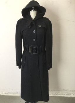 ROBERT RODRIGUEZ, Black, Polyester, Wool, Solid, Single Breasted, 7 Buttons,  Hooded, Below Knee Length, Epaulettes at Shoulders, 2 Hip Pockets, Long Belt Loops, **2 Piece: Comes with Matching 3" Wide Black Patent BELT
