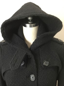 ROBERT RODRIGUEZ, Black, Polyester, Wool, Solid, Single Breasted, 7 Buttons,  Hooded, Below Knee Length, Epaulettes at Shoulders, 2 Hip Pockets, Long Belt Loops, **2 Piece: Comes with Matching 3" Wide Black Patent BELT
